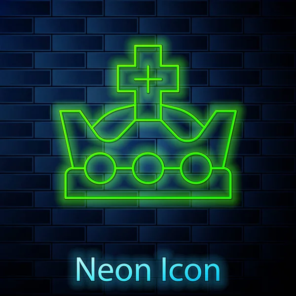 Glowing Neon Line King Crown Icon Isolated Brick Wall Background — Stock Vector