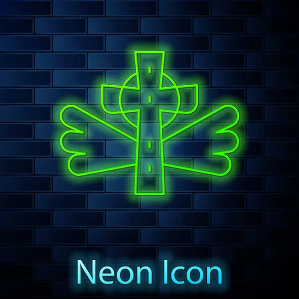 Zářící Neonová Čára Křesťanský Kříž Ikona Izolované Cihlové Zdi Pozadí — Stockový vektor
