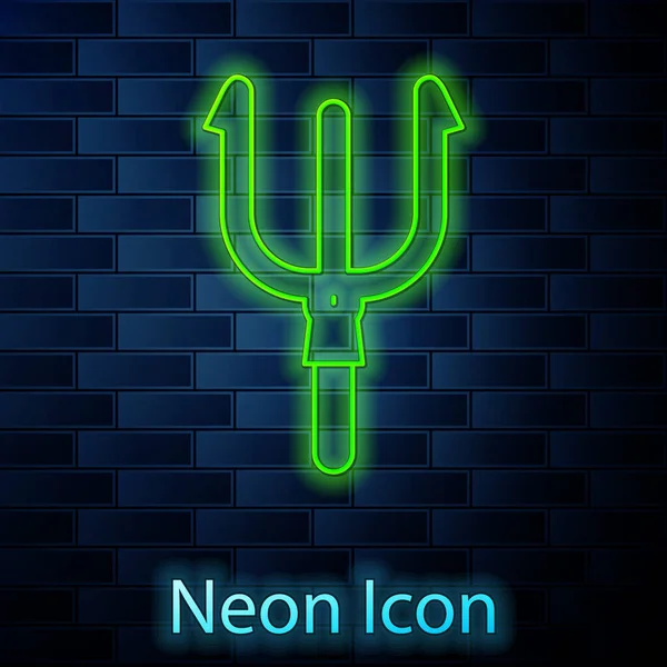 Светящаяся Неоновая Линия Значок Neptune Trident Выделен Фоне Кирпичной Стены — стоковый вектор