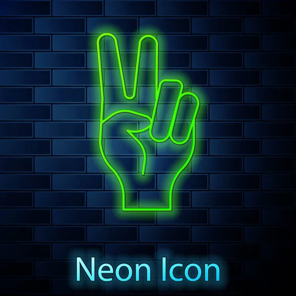 Glowing Neon Line Hand Showing Two Finger Icon Isolated Brick — ストックベクタ