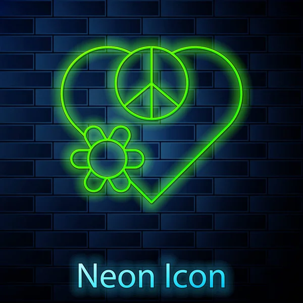 Gloeiende Neon Lijn Liefde Vrede Pictogram Geïsoleerd Bakstenen Muur Achtergrond — Stockvector