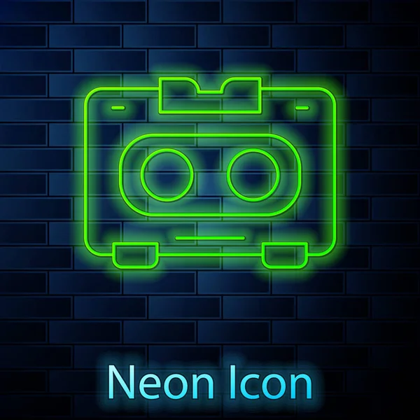 Glowing Neon Line Retro Audio Cassette Tape Icon Isolated Brick — Stok Vektör