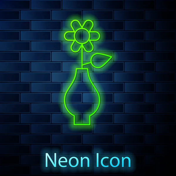 Glödande Neon Linje Blomma Vas Ikon Isolerad Tegel Vägg Bakgrund — Stock vektor