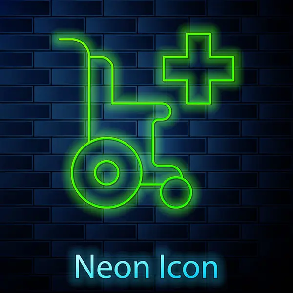 Glowing Neon Line Wheelchair Disabled Person Icon Isolated Brick Wall — Stock Vector