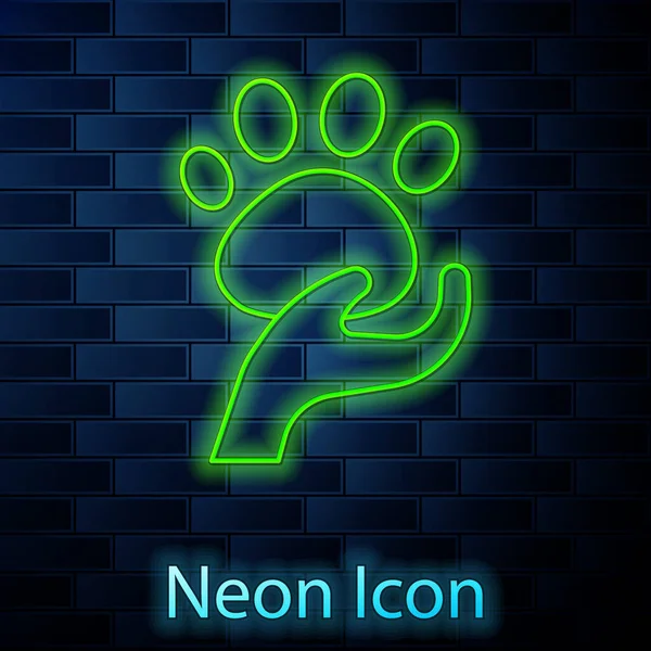 Glödande Neon Line Animal Volontär Ikon Isolerad Tegelvägg Bakgrund Djurskötselkoncept — Stock vektor