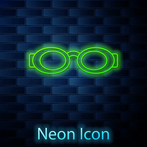 Leuchtende Neon Line Brille Zum Schwimmen Ikone Isoliert Auf Backsteinwand — Stockvektor