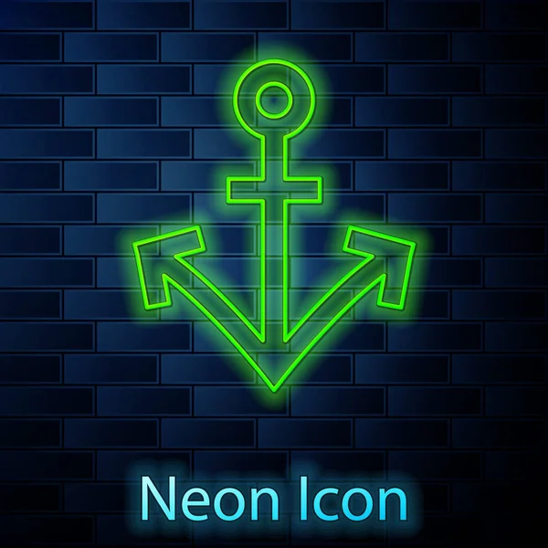 Ragyogó Neon Vonal Anchor Ikon Elszigetelt Téglafal Háttér Vektor — Stock Vector