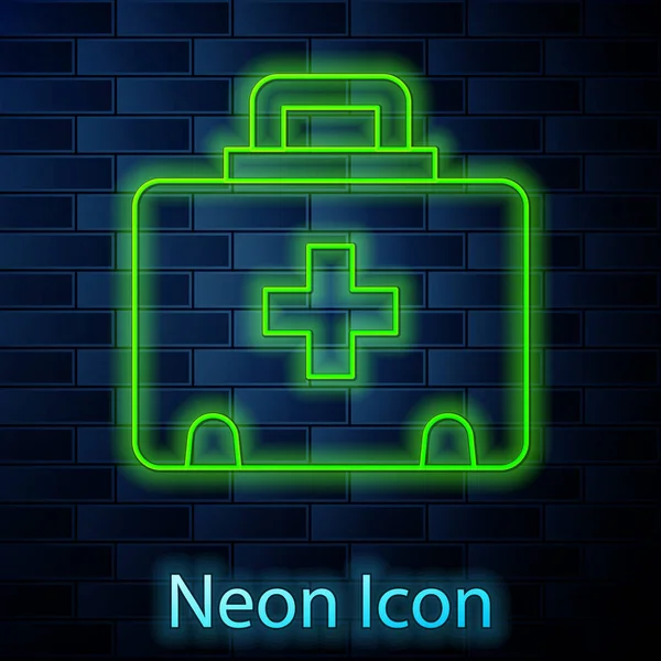 Ragyogó Neon Vonal Elsősegély Készlet Ikon Elszigetelt Téglafal Háttér Orvosi — Stock Vector