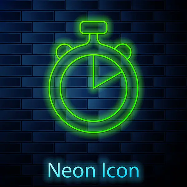 Glowing Neon Line Stopwatch Icon Isolated Brick Wall Background Time — Stock Vector