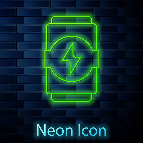 Glowing Neon Line Energy Drink Icon Isolated Brick Wall Background — Stock Vector