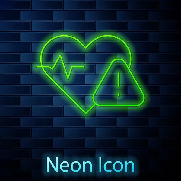 Parlayan Neon Hattı Kalp Atış Hızı Simgesi Tuğla Duvar Arkasında — Stok Vektör