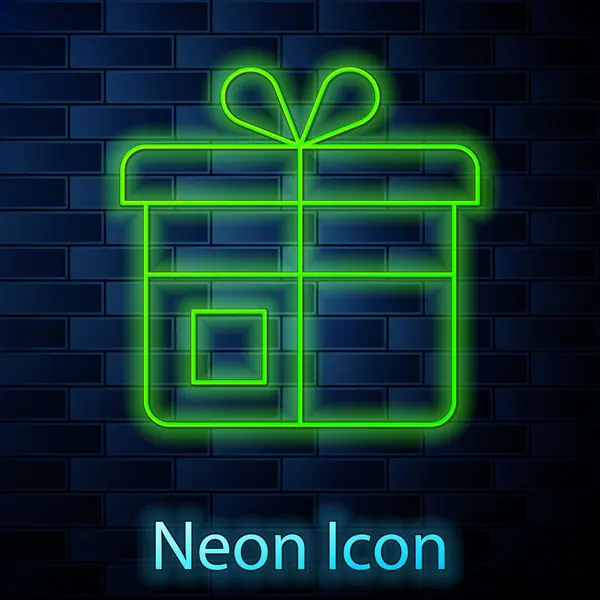 Gloeiende Neon Lijn Gift Box Icoon Geïsoleerd Bakstenen Muur Achtergrond — Stockvector