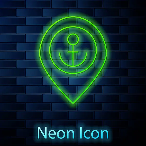 Zářící Neonová Čára Ukazatel Mapy Ikonou Kotvy Izolovanou Pozadí Cihlové — Stockový vektor