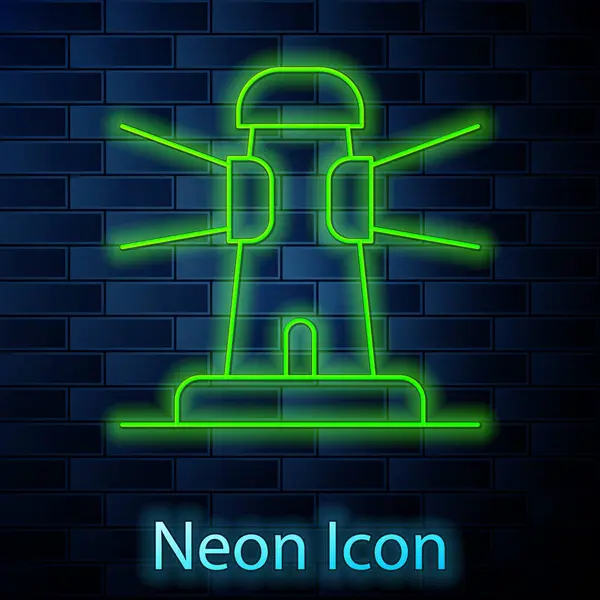 Luminoso Neon Linea Icona Faro Isolato Sfondo Muro Mattoni Vettore — Vettoriale Stock