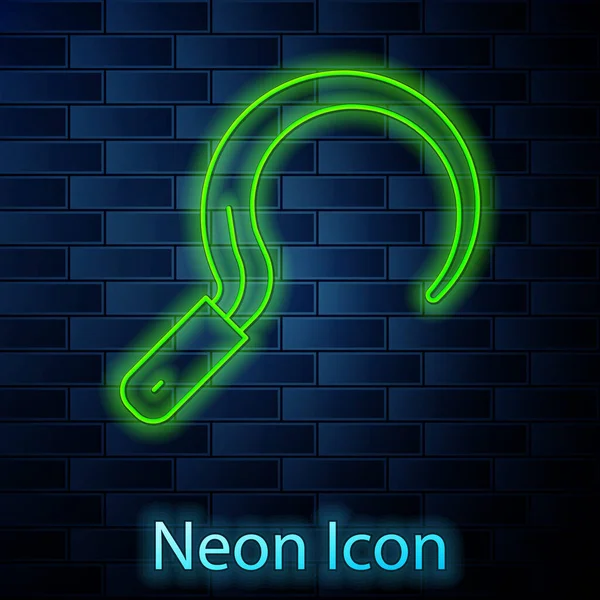 Gloeiende Neon Lijn Sikkelpictogram Geïsoleerd Bakstenen Muur Achtergrond Haakbord Oogsten — Stockvector