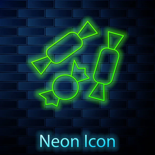 Leuchtende Neon Linie Candy Symbol Isoliert Auf Backsteinwand Hintergrund Frohe — Stockvektor