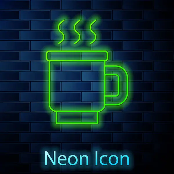 Leuchtende Neon Linie Tasse Tee Symbol Isoliert Auf Backsteinwand Hintergrund — Stockvektor