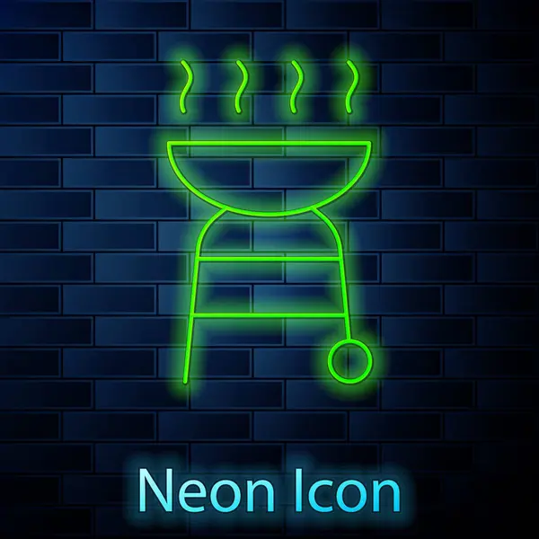 Glowing Neon Line Barbecue Grill Icon Isolated Brick Wall Background — Stock Vector