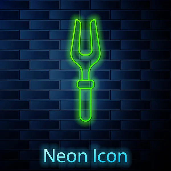 Zářící Neonová Čára Ikona Grilovací Vidlice Izolovaná Pozadí Cihlové Stěny — Stockový vektor