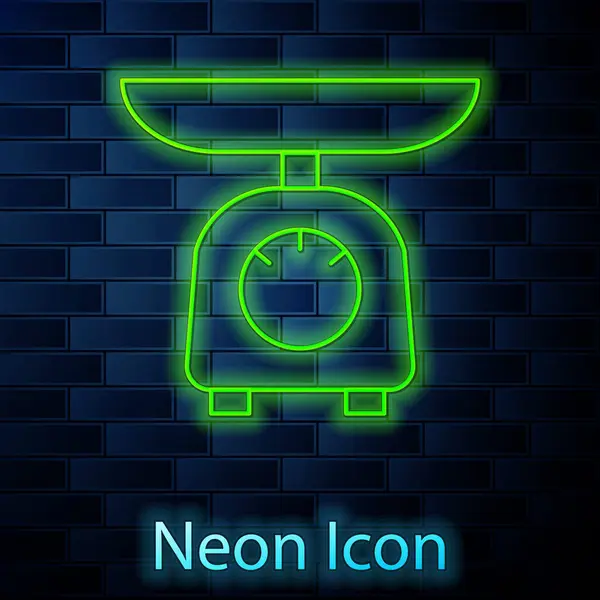 Glödande Neon Linje Vågar Ikon Isolerad Tegel Vägg Bakgrund Utrustning — Stock vektor