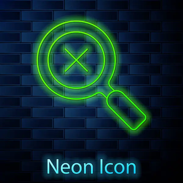 Glödande Neon Linje Förstoringsglas Och Bort Ikonen Isolerad Tegelvägg Bakgrund — Stock vektor