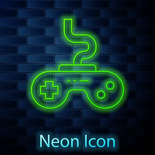 Glowing Neon Line Gamepad Icon Isolated Brick Wall Background Game — Stock Vector