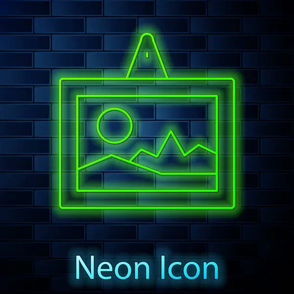 Glowing Neon Line Picture Icon Isolated Brick Wall Background Vector — Stock Vector