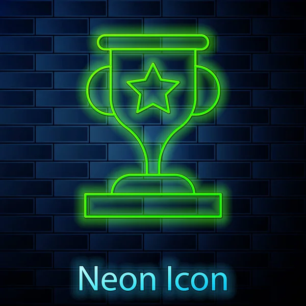 Glowing Neon Line Award Cup Icon Isolated Brick Wall Background — Stock Vector