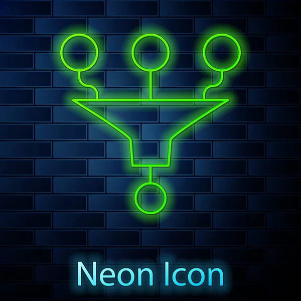 Gloeiende Neon Lijn Trechter Filter Pictogram Geïsoleerd Baksteen Muur Achtergrond — Stockvector