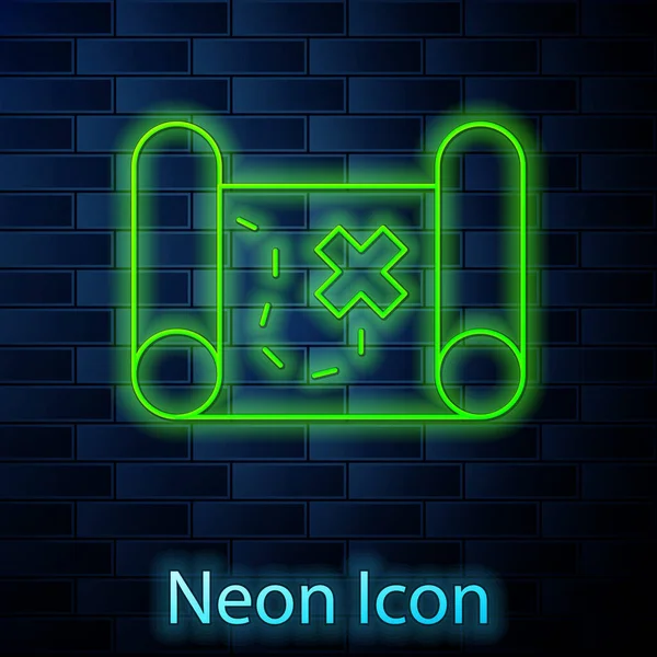 Leuchtende Neon Linie Piratenschatzkarte Symbol Isoliert Auf Backsteinwand Hintergrund Vektor — Stockvektor