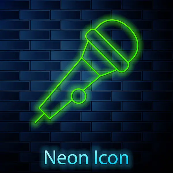 Zářící Neonová Čára Ikona Mikrofonu Izolovaná Pozadí Cihlové Stěny Mikrofon — Stockový vektor