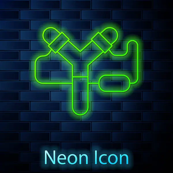 Glowing Neon Line Slingshot Icon Isolated Brick Wall Background Vector — Stock Vector
