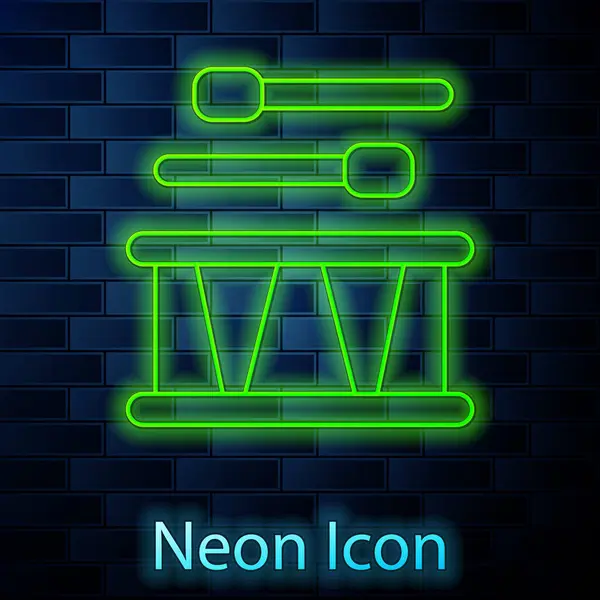 Gloeiende Neon Lijn Trommel Met Drumstokken Pictogram Geïsoleerd Baksteen Muur — Stockvector