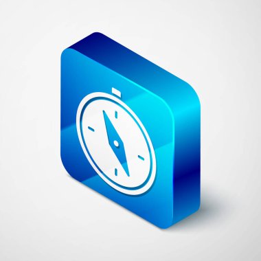 Gri arkaplanda Isome Pusula simgesi izole edildi. Rüzgâr yön bulma sembolü. Rüzgar gül işareti. Mavi kare düğme. Vektör İllüstrasyonu.