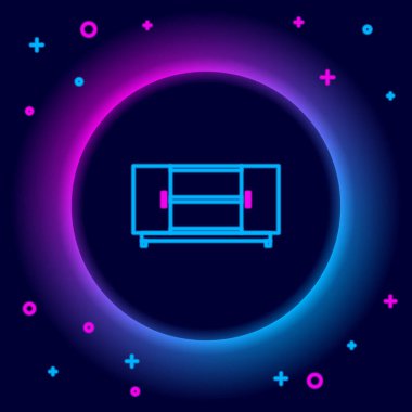 Parlayan neon hat TV masası simgesi siyah arkaplanda izole edildi. Renkli taslak konsepti. Vektör