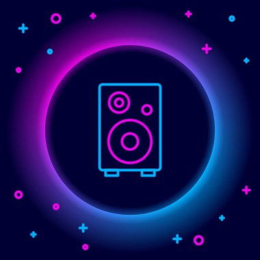 Parlayan neon hattı Stereo hoparlör simgesi siyah arkaplanda izole edildi. Ses sistemi hoparlörleri. Müzik ikonu. Müzikal sütun hoparlörü. Renkli taslak konsepti. Vektör