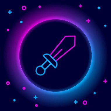 Parlayan neon çizgisi Kılıç oyuncağı simgesi siyah arkaplanda izole edildi. Renkli taslak konsepti. Vektör