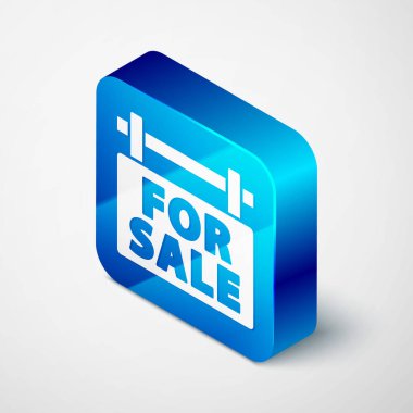 Gri arkaplanda satılık simgesiyle Isometric Asılma işareti. Satılık mesajlı pano. Mavi kare düğme. Vektör.