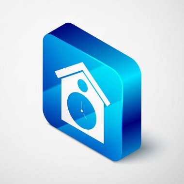 Isometric Retro duvar izleme simgesi gri arkaplanda izole edildi. Guguklu saat işareti. Antika sarkaçlı saat. Mavi kare düğme. Vektör.