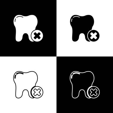 Diş 'i siyah ve beyaz arkaplanda izole edilmiş taşıyıcı simgesi ile ayarla. Diş çürüğü. Vektör.