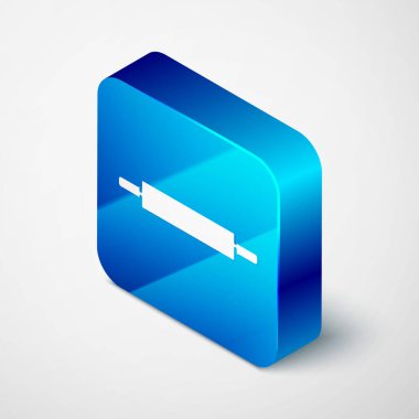 Gri arkaplanda Isometric Rolling pin simgesi izole edildi. Mavi kare düğme. Vektör.