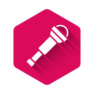 Beyaz Spyglass teleskop mercek simgesi uzun gölge arkaplanı ile izole edilmiş. Denizci dürbünü. Pembe altıgen düğmesi. Vektör