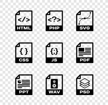 HTML dosya belgesi, PHP, SVG, PPT, WAV ve PSD simgesini ayarla. Vektör