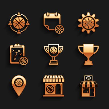 Ödül kupasını basketbol topu, spor mağazası ve konum, planlama stratejisi, konsept ve ikon ile ayarla. Vektör