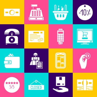 Stacks kağıt para, el arabası, alışveriş arabası bilgisayarı, sepet yiyecek, garanti sertifikası şablonu, telefon, kağıt ve POS terminalini kredi kartı simgesiyle ayarla. Vektör