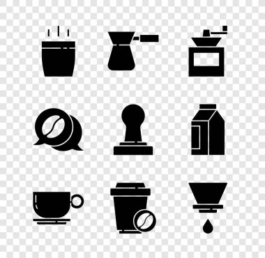 Kahve fincanı, Türk, manuel kahve öğütücüsü, paket, V60 makinası, sohbet ve kurcalama ikonu. Vektör