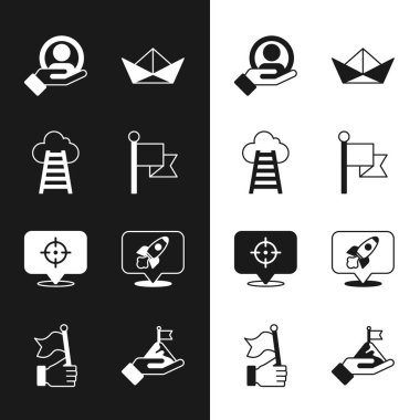 Bayrak, bitiş bayrağı olan merdiven, arama ekibi için el, katlanmış kağıt bot, hedef, roket gemisi, dağlar ve ikon tutma. Vektör