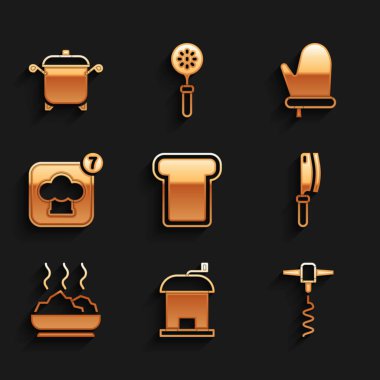 Ekmek kızartma, manuel kahve öğütücü, şarap tirbuşonu, et kesme makinesi, kase sıcak çorba, şef şapkası, fırın eldiveni ve tencere ikonu. Vektör