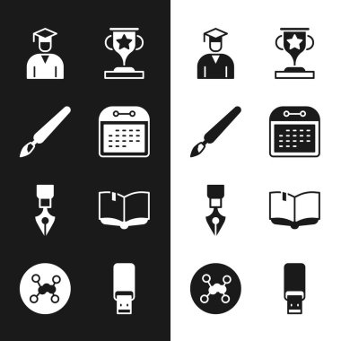 Takvim, boya fırçası, mezuniyet şapkası, ödül kupası, dolmakalem ucu, açık kitap, USB flash disk ve kimyasal formül ikonu. Vektör