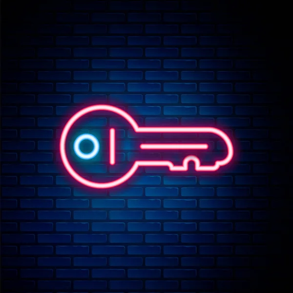 Glowing Neon Line Old Key Icon Isolated Brick Wall Background — Stock Vector